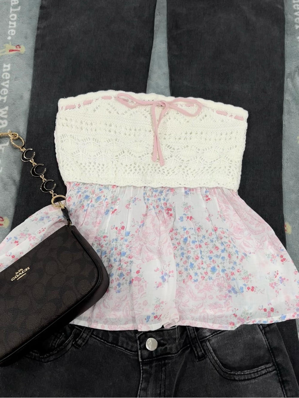 Y2K/2000s-style Hollister White Crochet Pink Floral babydoll
